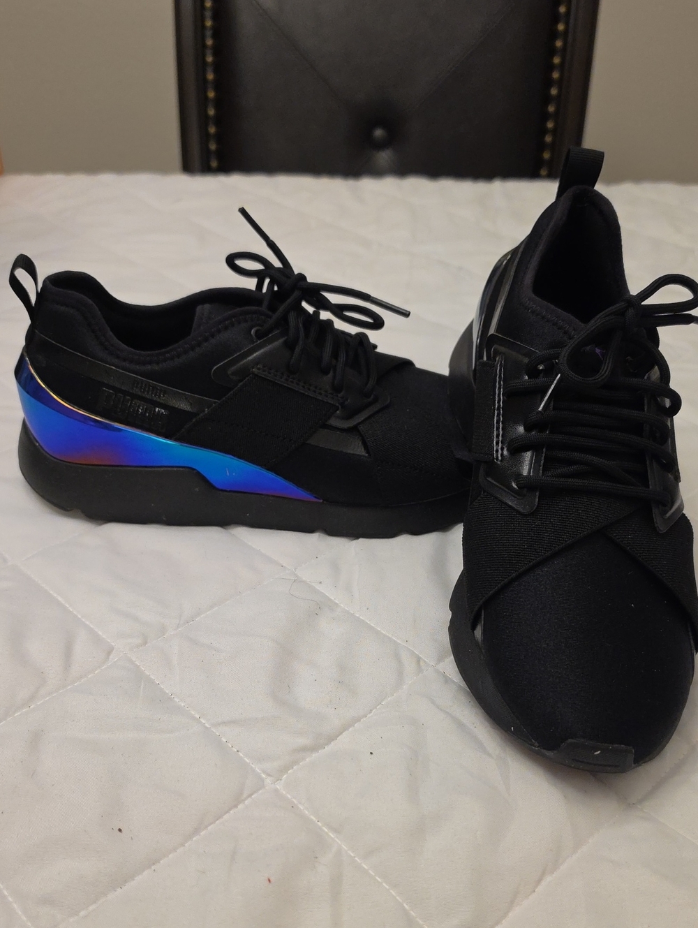 Women's Black Puma Athletic Sneakers with Iridescent Blue Accent